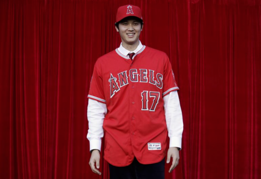 Ohtani poses in an Angels kit. Photo: Twitter/@SSSportsTalk.