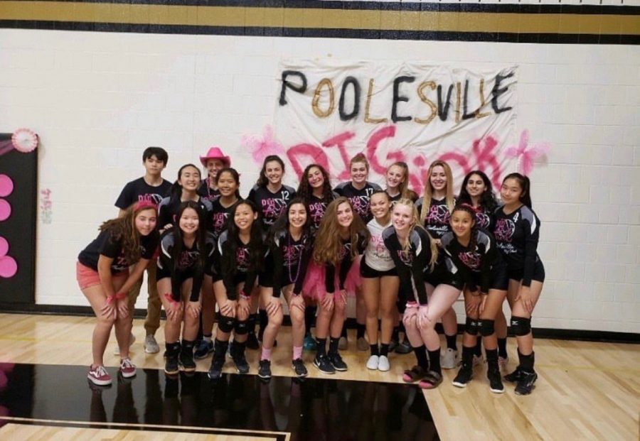 The+PHS+girls+volleyball+team+poses+before+their+annual+Dig+Pink+game.