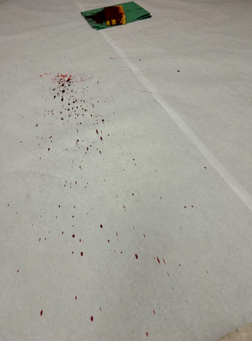 Blood Spatter from a stab wound being demonstrated in the lab. 